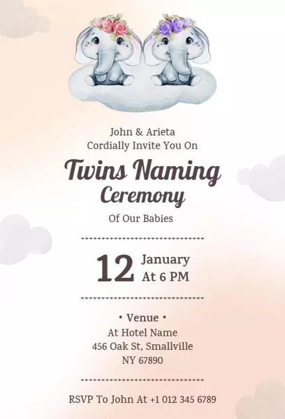 Adorable Twins Naming Ceremony Cute Elephant Invitation Template