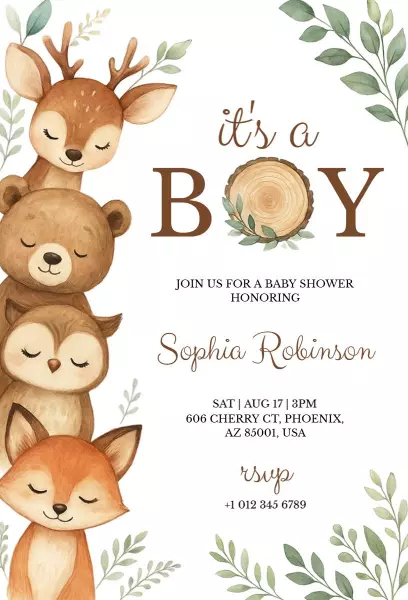 Adorable Woodland Animal Themed Baby Shower Invitation Template