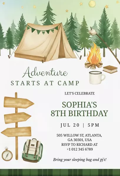 Adventure Camping Birthday Celebration Invitation Template