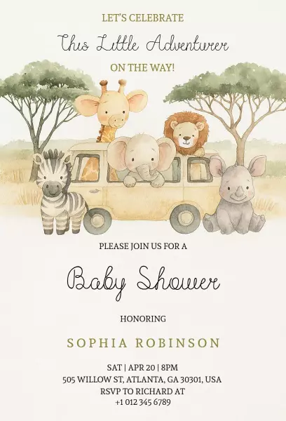 Adventure Jungle Safari Baby Shower Celebration Invitation Template