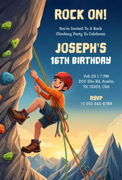 Adventure Rock Climbing Kids Birthday Celebration Invitation Template