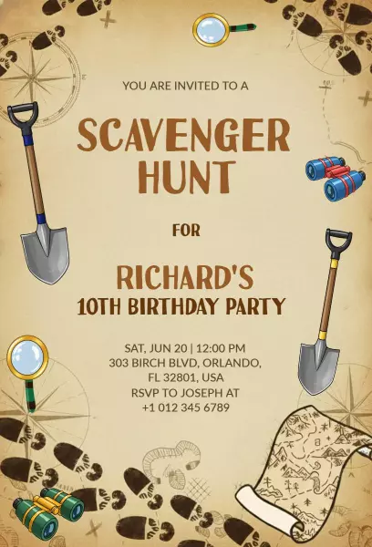 Adventure Scavenger Hunt Fun 10th Birthday Invitation Template