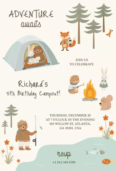 Adventure Themed Camping Birthday Celebration Invitation Template
