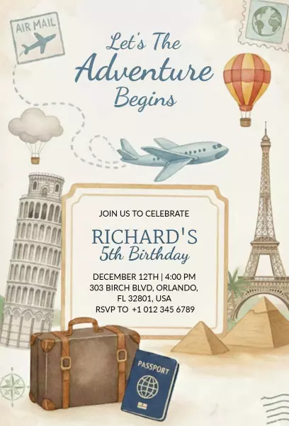 Adventure Travel Themed Birthday Celebration Invitation Template