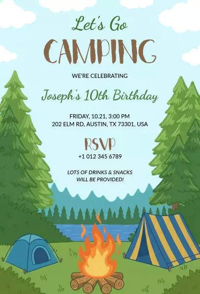Adventurous Camping Theme 10th Birthday Celebration Invitation Template