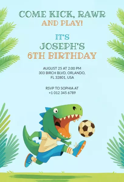 Adventurous Dinosaur Soccer Themed Birthday Invitation Template