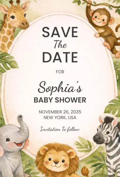 Adventurous Jungle Animal Theme Baby Shower Invitation Template