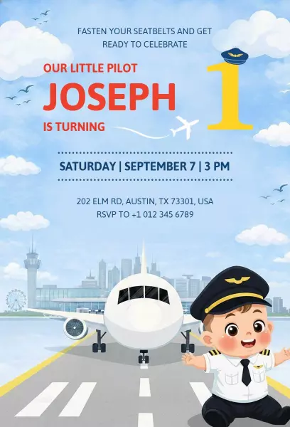 Adventurous Pilot Themed 1st Birthday Celebration Invitation Template