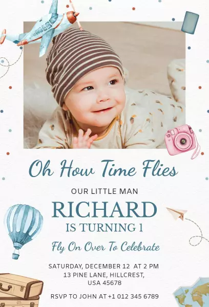 Adventurous Travel Theme 1st Birthday Photo Invitation Template