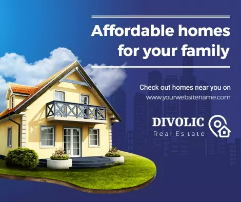 Affordable Family Homes with Blue and Yellow Design Ad Template