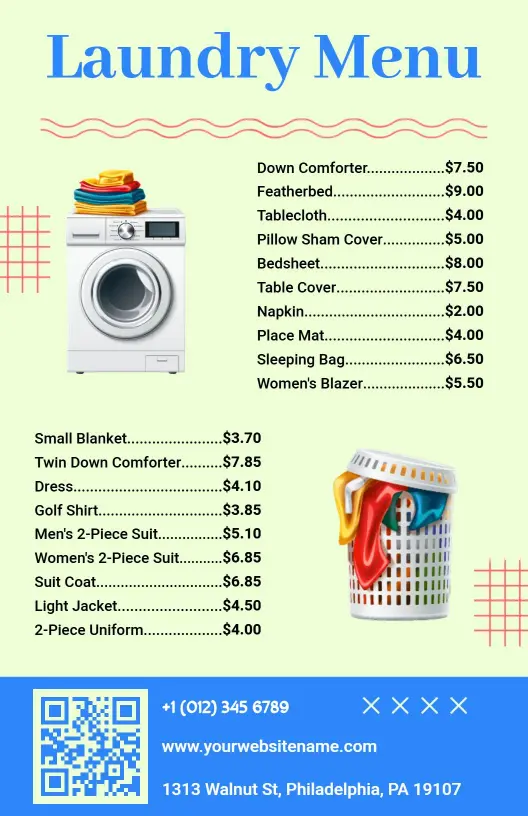 Affordable Household Linen and Clothing Care Laundry Menu Template