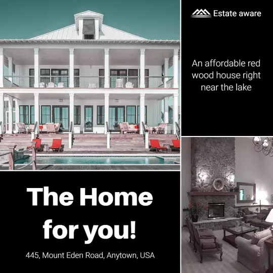 Affordable Red Lake House with Stylish Living Space Ad Template
