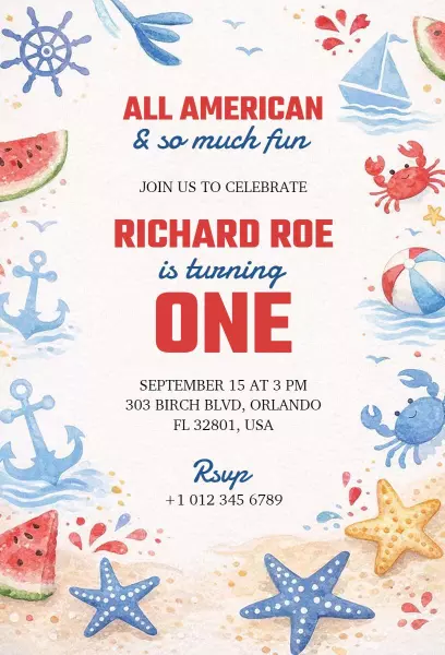 All American Nautical Theme 1st Birthday Celebration Invitation Template