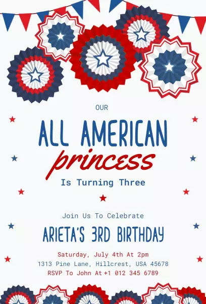 All American Princess 3rd Birthday Celebration Invitation Template