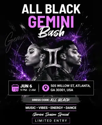 All Black Gemini Bash Party Flyer Template