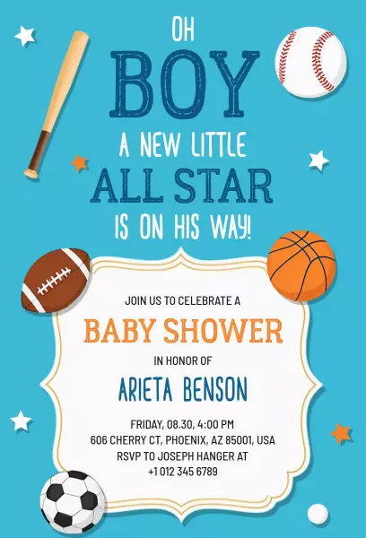 All Star Sports Theme Baby Shower Celebration Invitation Template