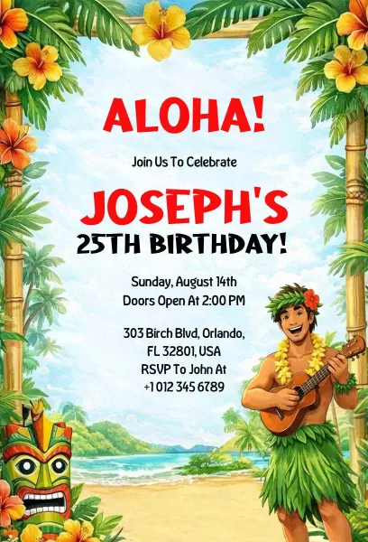 Aloha Luau Tropical 25th Birthday Celebration Invitation Template