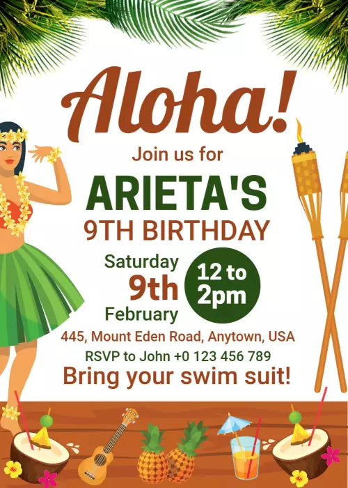 Aloha Tropical Luau 9th Birthday Celebration Invitation Template