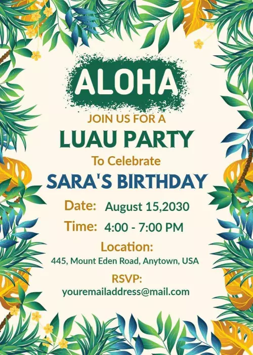 Aloha Tropical Luau Birthday Party Celebration Invitation Template