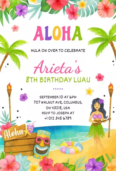 Aloha Tropical Luau Themed 8th Birthday Invitation Template