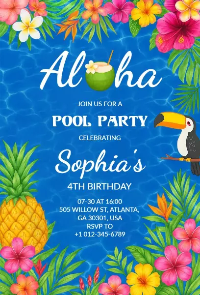 Aloha Tropical Pool Party Celebration Invitation Template