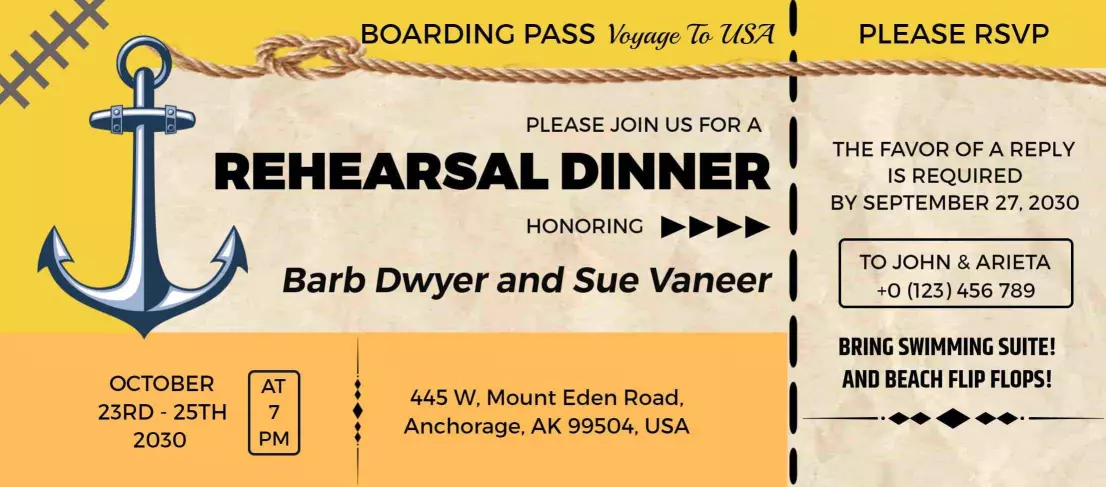 Anchorage Rehearsal Dinner Voyage Boarding Pass Invitation Template
