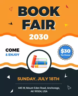Dynamic Orange Themed Book Fair Event Flyer Template