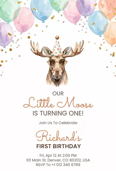 Antlered Moose Theme 1st Birthday Celebration Invitation Template