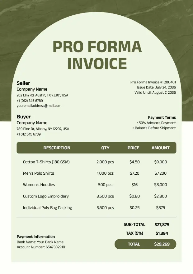 Apparel Product Order with Pricing Proforma Invoice Template