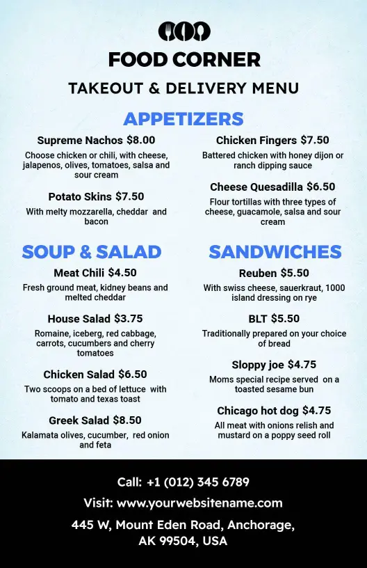 Appetizers and Hearty Sandwiches with Savory Salads Take-Out Menu Template