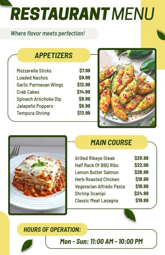 Appetizers and Main Course Selections with Hours Restaurant Menu Template
