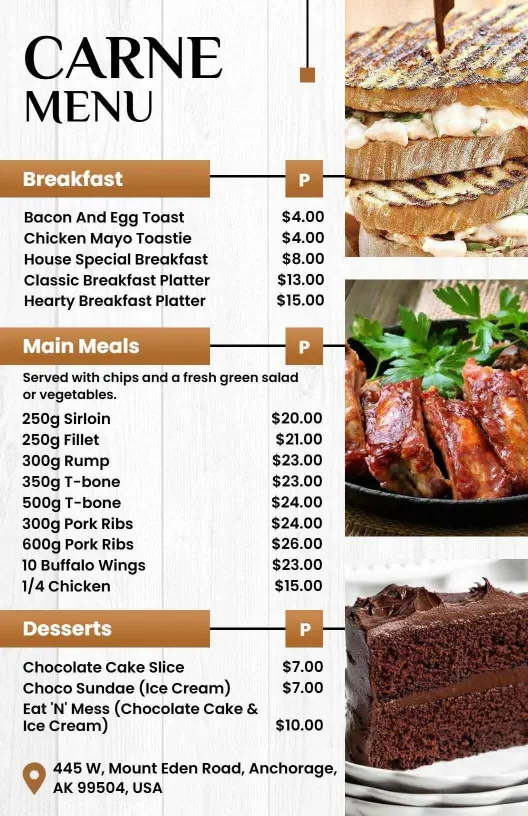 Appetizing Desserts and Filling Main Dishes Carne Menu Template