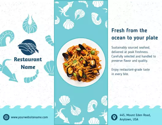 Aqua Coastal Seafood Restaurant Freshness Tri Fold Brochure Template