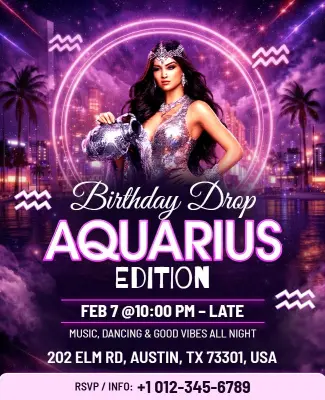 Aquarius Birthday Drop Celebration Event Flyer Template