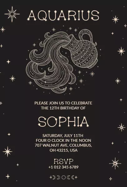 Aquarius Zodiac Theme 12th Birthday Celebration Invitation Template