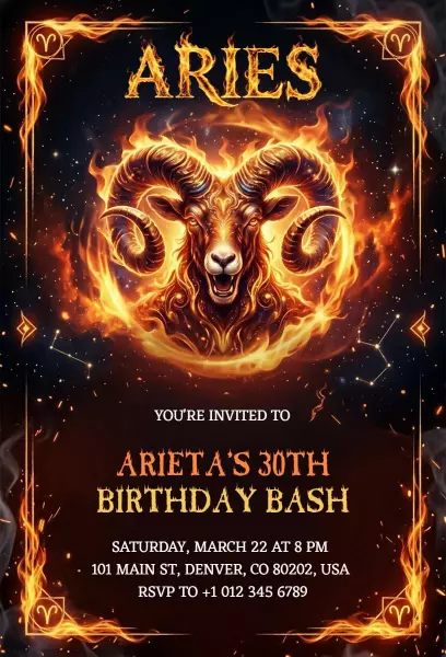 Aries Zodiac Sign Fiery 30th Birthday Bash Invitation Template