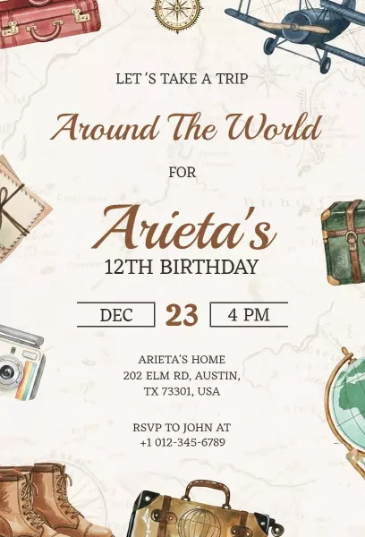 Around The World Adventure 12th Birthday Invitation Template