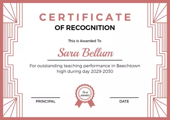 Art Deco Peach Recognition for Outstanding Teaching Certificate Template