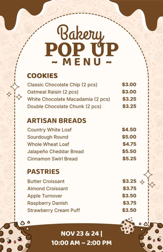 Artisan Breads and Delicious Pastries Selection Bakery Menu Template