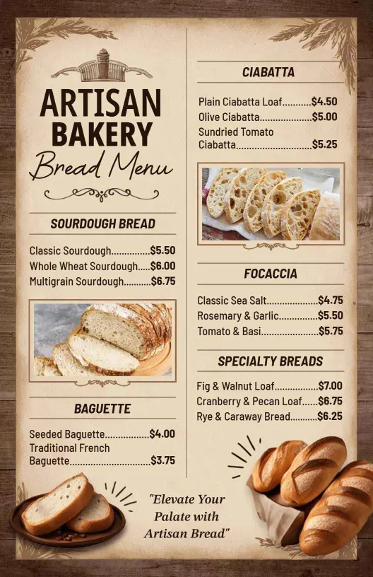 Artisan Breads and Gourmet Loaves Fresh from the Oven Bakery Menu Template