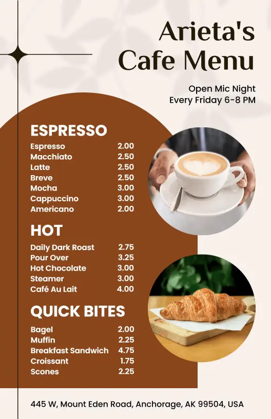 Artisan Coffee and Quick Bites with Signature Flavors Cafe Menu Template