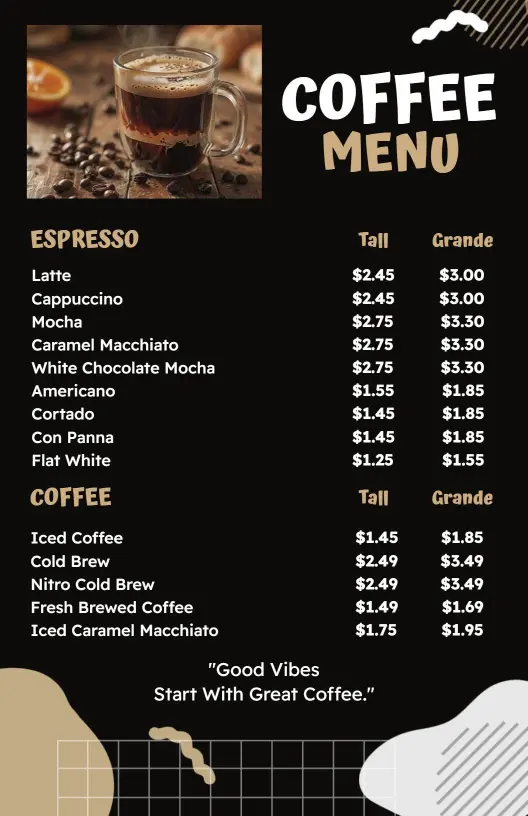 Artisan Coffee Drinks and Espresso Creations Cafe Menu Template