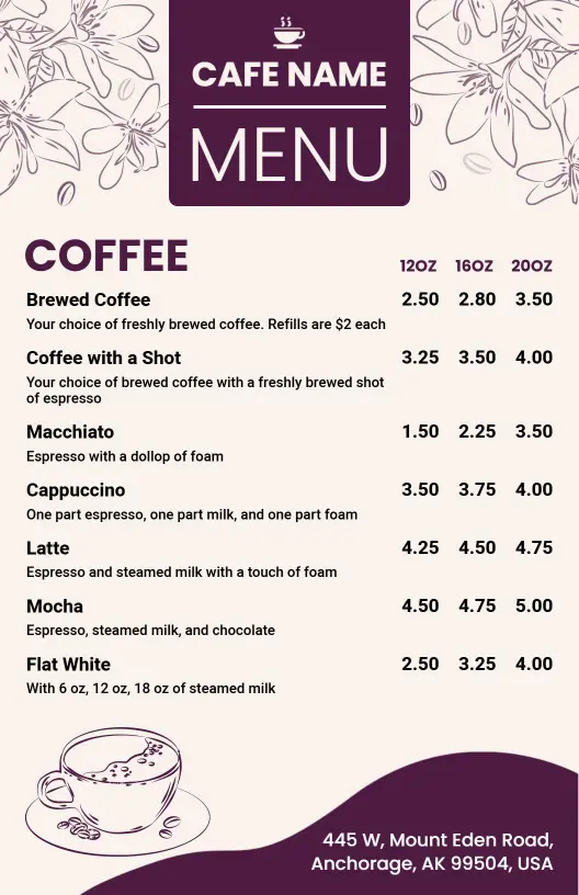 Artisan Coffee Selections Featuring Freshly Brewed Cafe Menu Template