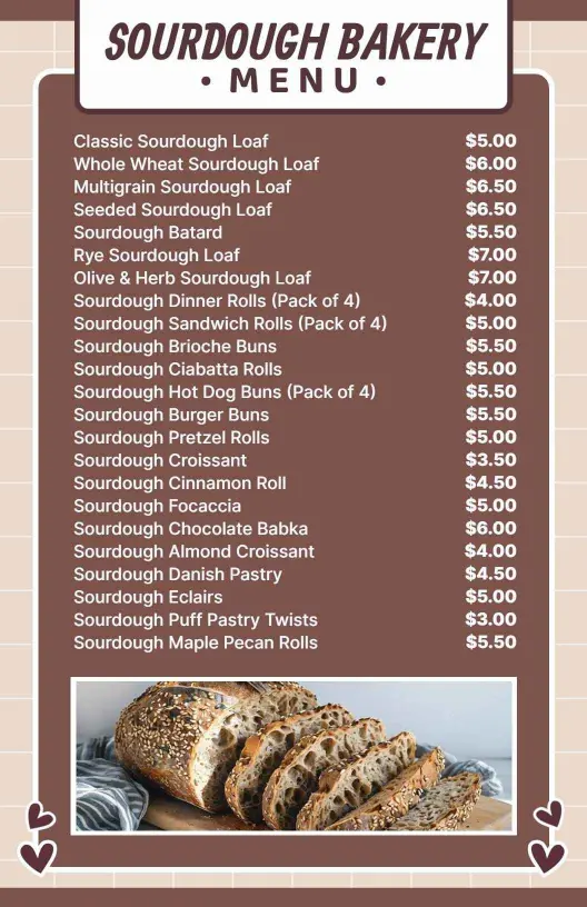 Artisan Sourdough Varieties Including Crunchy Rolls Bakery Menu Template