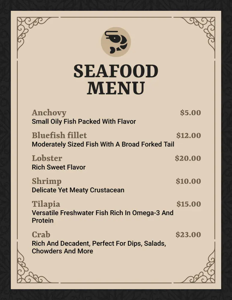 Artisanal Seafood Creations Featuring Shrimp Fancy Menu Template