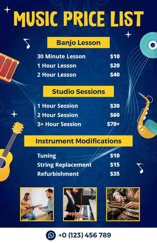 Artistic Blue Background Music Lessons Price List Template