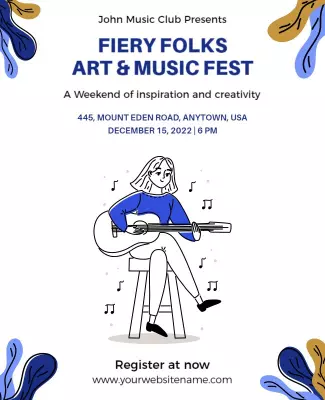 Artistic Blue-Themed Music Fest with Guitar Illustration Poster Template