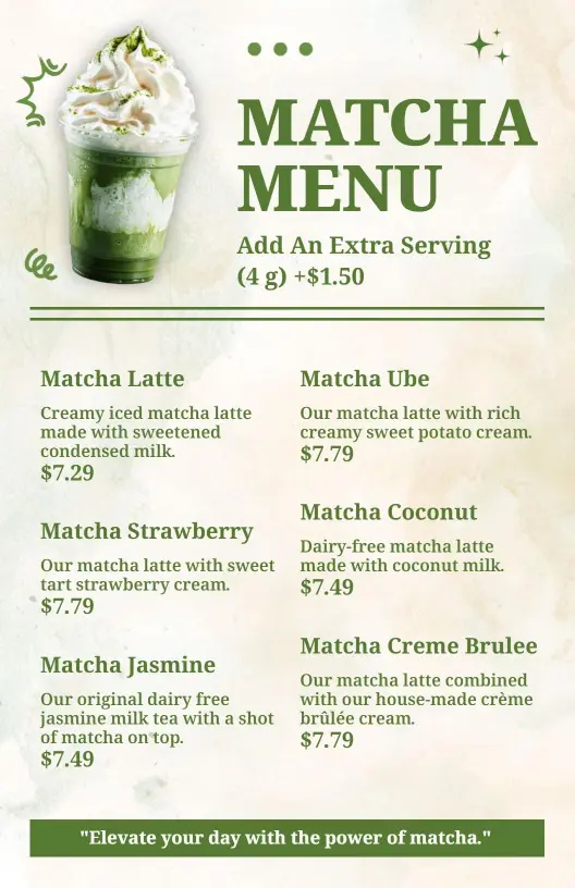 Artistic Green and Cream Matcha Beverage Menu Template