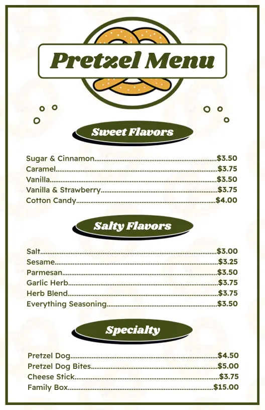 Artistic Green Border Pretzel Flavor Selection Menu Template