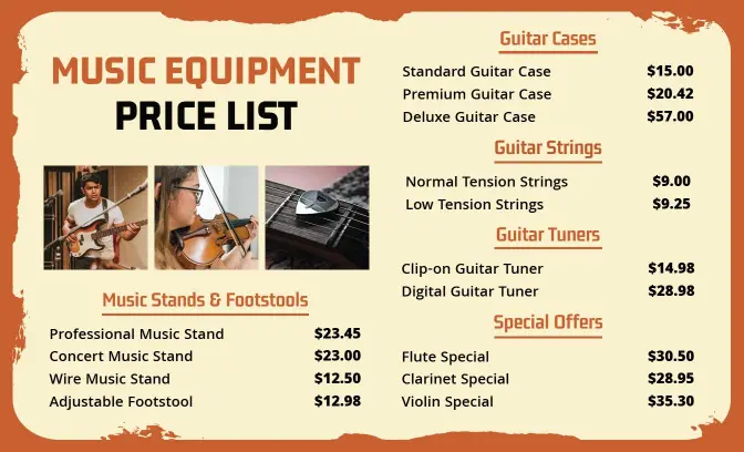Artistic Photo Collage Music Equipment Price List Template